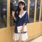 Two-tone Elbow-sleeve V-neck Dress