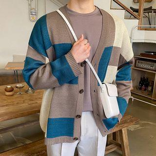 V-neck Color-block Oversized Cardigan