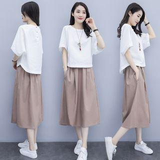 Set: Short-sleeve Linen Blend Top + A-line Midi Skirt
