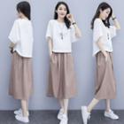 Set: Short-sleeve Linen Blend Top + A-line Midi Skirt