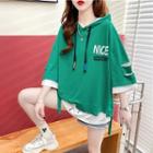 3/4-sleeev Hooded Distressed Lettering T-shirt