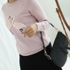 Round-neck Embroidered Knit Top Pink - One Size