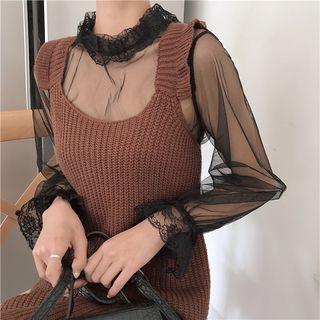 Lace Trim Long-sleeve Mesh Top
