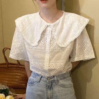 Collared Elbow-sleeve Eyelet Blouse White - One Size