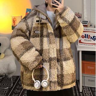Mock Two-piece Hooded Zip Plaid Fleece Jacket