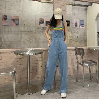 Denim Dungaree / Rainbow Stripe Top