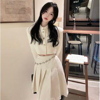 Set: Cropped Button Jacket + Pleated Mini A-line Skirt