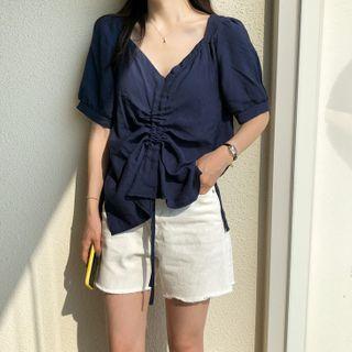 Plain Short-sleeve V-neck Drawstring Blouse