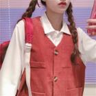 Plain Long-sleeve Shirt / Corduroy Button-up Vest