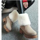 Furry Panel Block Heel Short Boots