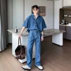 Elbow-sleeve Denim Shirt / Loose Fit Jeans