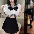 Short-sleeve Sailor Collar Cropped Blouse / Pleated Mini A-line Skirt