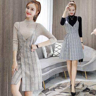 Set: Mock-neck Sweater + Spaghetti Strap Plaid A-line Dress