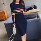 Striped Knit Sheath Dress Striped - Dark Blue - One Size