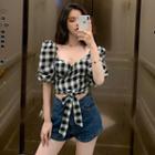 Plaid V-neck Puff-sleeve Slim-fit Blouse As Figure - One Size