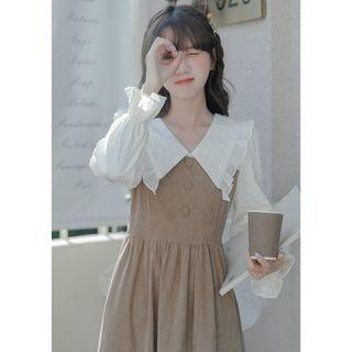 Mock Two-piece Puff-sleeve Midi Dress Khaki - One Size