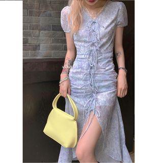 Short-sleeve Floral Lace-up Slit Chiffon Dress