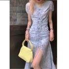 Short-sleeve Floral Lace-up Slit Chiffon Dress