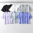 Plain Short-sleeve V-neck Button Cropped T-shirt