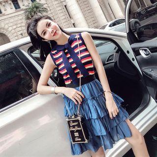 Set: Sleeveless Tank Top + Denim Tiered Skirt