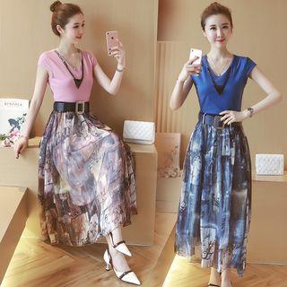 Set: Short-sleeve Top + Printed Maxi Skirt