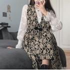 Long-sleeve Blouse / Sleeveless Floral Print Midi A-line Dress