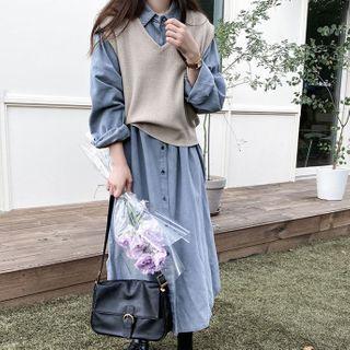 Long-sleeve Midi A-line Shirt Dress / Sweater Vest