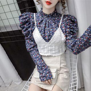 Set: Puff-sleeve Floral Blouse + Cropped Camisole Top