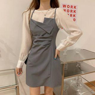 Set: Puff-sleeve Blouse + Spaghetti Strap Mini Dress