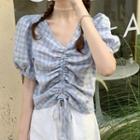 Puff-sleeve Check Drawstring Crop Top