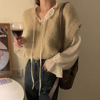 Long-sleeve Tie-neck Chiffon Blouse / Cropped Sweater Vest