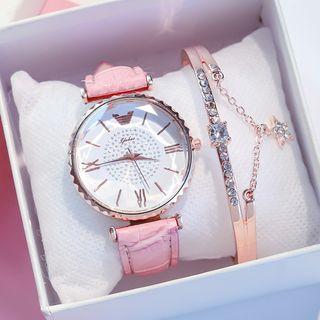 Set: Rhinestone Watch Face Strap Watch + Rhinestone Bangle