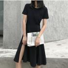Side Slit Short-sleeve A-line Dress Black - One Size