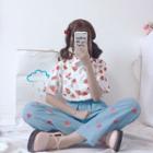 Strawberry Print Elbow-sleeve Shirt / Straight-cut Jeans