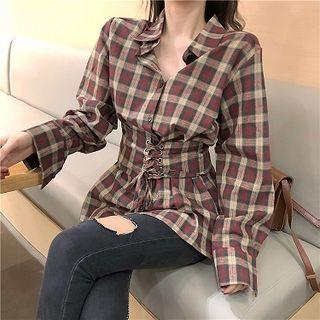 Tie-waist Plaid Shirt Plaid - Rose Pink - One Size