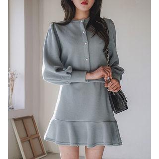 Set: Buttoned Rib-knit Cardigan + Ruffled Miniskirt