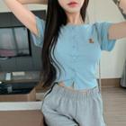 Short-sleeve Bear Embroidered Knit Top / High-waist Contrast Trim Lettering Sweatshorts
