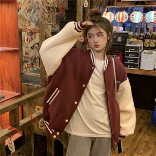 Two-tone Fleece Baseball Jacket Wine Red - One Size