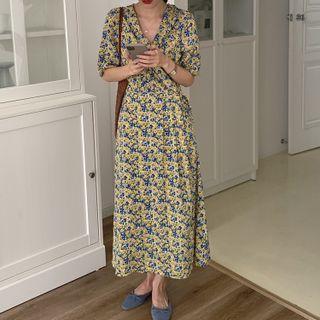 Elbow Sleeve V-neck Floral Print A-line Midi Dress
