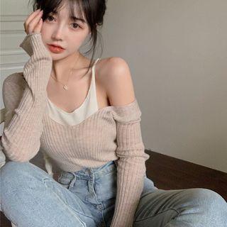 Mock Two-piece Knit Top White & Almond - One Size