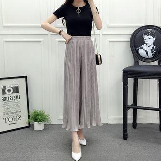 Set: Zip Front Short Sleeve T-shirt + Pleated Chiffon Wide Leg Pants