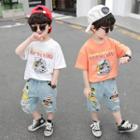 Set: Eagle Print Short-sleeve T-shirt + Letter Embroidered Distressed Denim Shorts