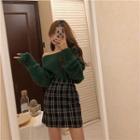 Plain Sweater / Plaid Mini Pencil Skirt