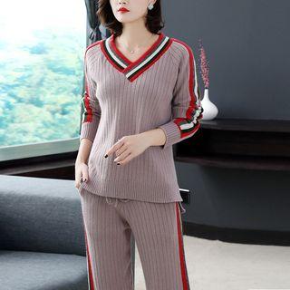 Set: Contrast-trim Sweater + Cropped Knit Wide-leg Pants
