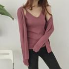 Set: V-neck Knit Camisole + Open Front Cardigan Red - One Size