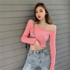 Off-shoulder Frill Trim Ribbed Knit Cropped Top