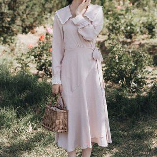 Long-sleeve Collar Midi A-line Wrap Dress