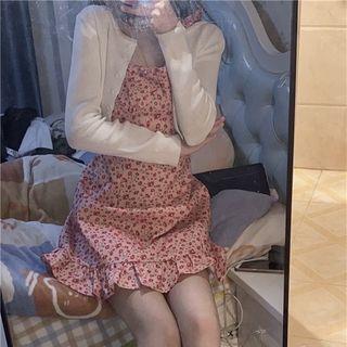 Floral Ruffle Trim Pinafore Dress / Long-sleeve Plain Cardigan