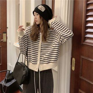 Round-neck Striped Button-up Cardigan Almond - One Size