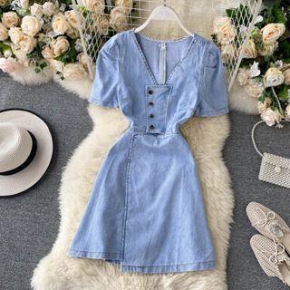 V-neck Short-sleeve Asymmetrical Denim Dress